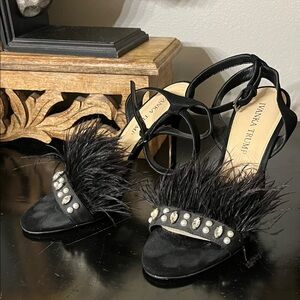 Ivanka Trump Black Feathered Heels with Rhinestones Size 7.5